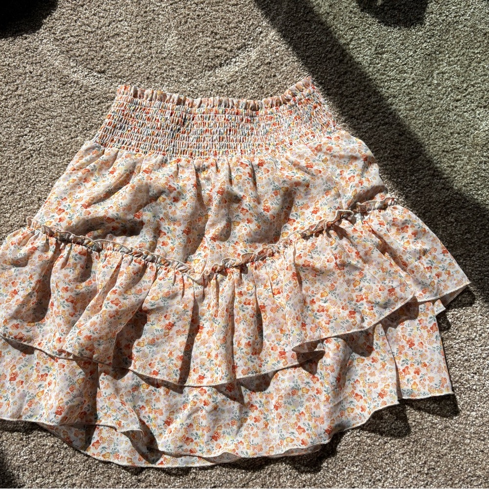 Altar'd State Floral Ruffle Mini Skirt - Cream and Orange